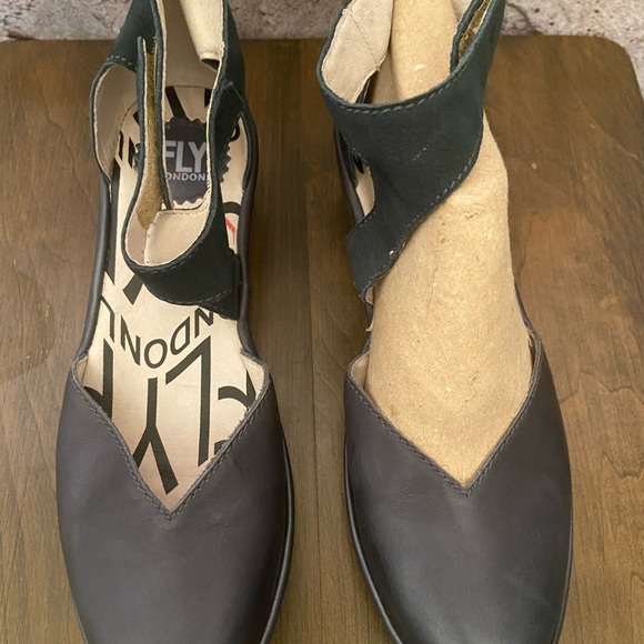 Fly London Navy Leather & Suede Velcro Strap Shoes - Picture 2 of 8